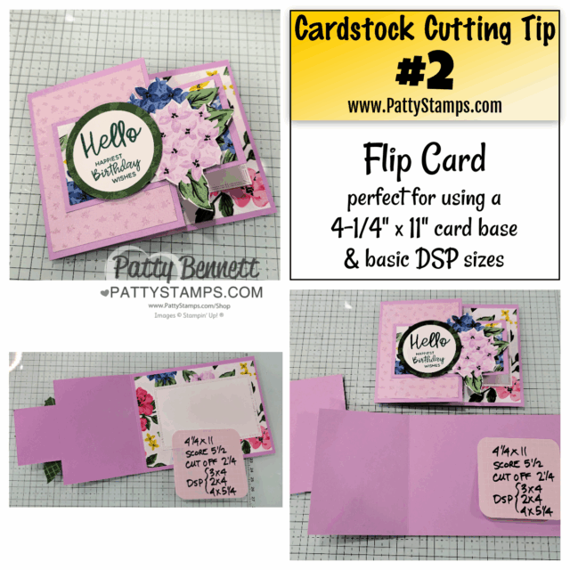 A step-by-step collage shows how to make a floral flip card. The top left displays the finished card; top right has a tip about cardstock cutting. Bottom two images show the card base flipped open with measurements for cardstock and DSP (patterned paper) pieces. To read more, visit Patty Stamps (pattystamps.com)