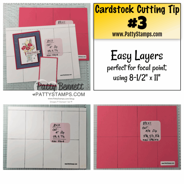 A crafting tip collage shows how to cut 8.5"x11" cardstock for easy card layers. There’s a finished card, labeled diagrams for 4"x5.25" and 3.75"x5" layers, and bold text: “Cardstock Cutting Tip #3: Easy Layers." Website info is included. To read more, visit Patty Stamps (pattystamps.com)