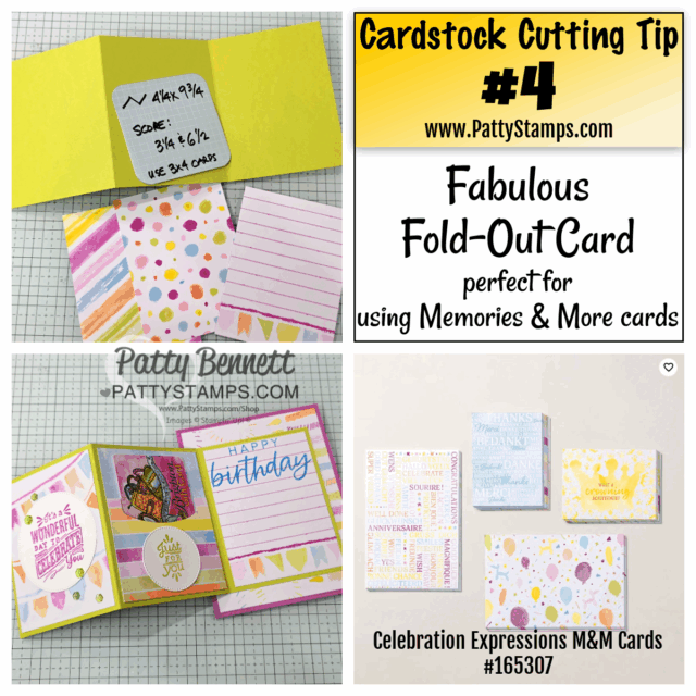 Cardstock cutting tips. A collage showing a yellow fold-out card with patterned inserts, detailed cardstock measurements, and samples of colorful, festive fold-out cards with birthday and celebration themes. Text includes "Cardstock Cutting Tip #4" and crafting website details. To read more, visit Patty Stamps (pattystamps.com)