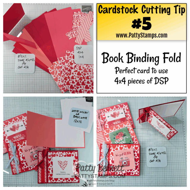 A collage shows instructions for a book binding fold card using red cardstock and heart-themed patterned paper. Text highlights it as “Cardstock Cutting Tip #5” with steps, measurements, and finished cards with Valentine’s Day designs. To read more, visit Patty Stamps (pattystamps.com)