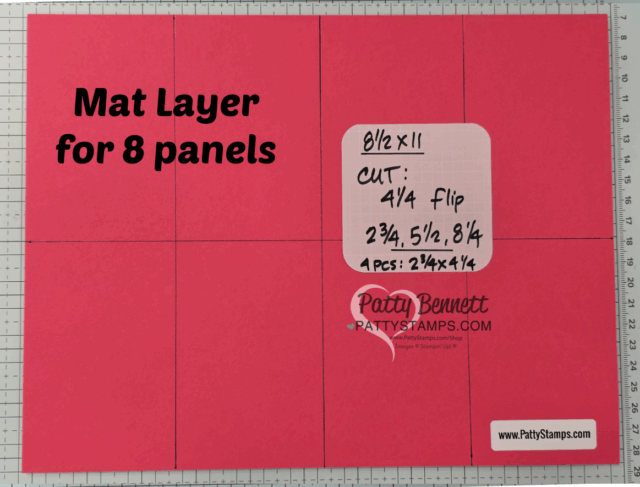 A sheet of red cardstock is divided into 8 rectangular panels by black lines. Text reads "Mat Layer for 8 panels." A white box lists measurements and cutting instructions. A watermark says "PattyStamps.com" with a pink speech bubble logo. To read more, visit Patty Stamps (pattystamps.com)