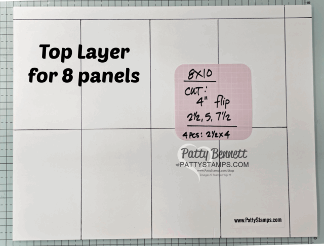 A piece of white paper is sectioned into 8 panels with black lines. Bold black text reads: "Top Layer for 8 panels." A pink note at center says: "8x10, Cut: 4-inch, flip 2.5, 5, 7.5-inch, 4 pcs: 2½ x 4." The PattyStamps.com website is printed below. To read more, visit Patty Stamps (pattystamps.com)