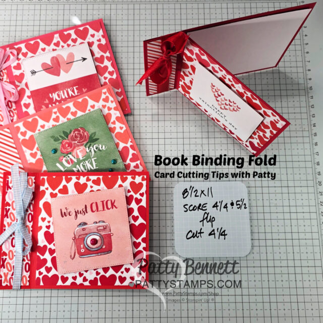 Handmade Valentine’s cards featuring red and pink hearts, layered paper designs, and sweet messages like “You’re,” “You are my happy,” and “We just CLICK.” One finished card is open, showing the book binding fold and ribbon along the edge. To read more, visit Patty Stamps (pattystamps.com)