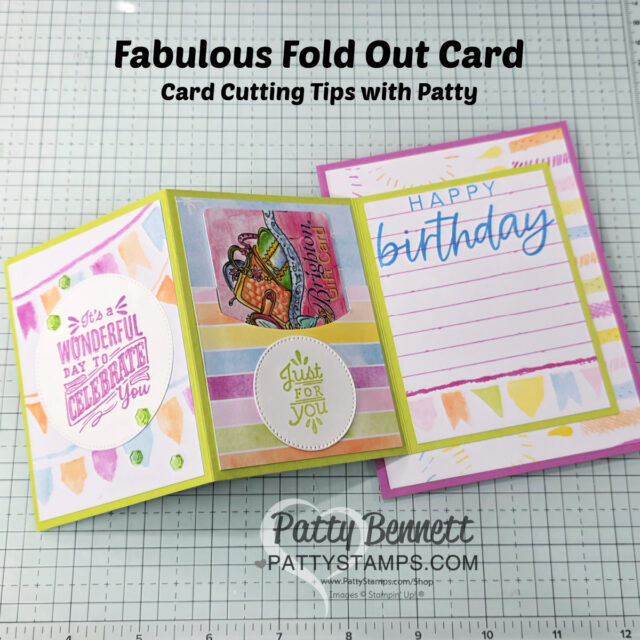 A colorful handmade fold-out birthday card sits on a grid background. The card has three panels with pastel brushstroke designs, cheerful stamped messages, a birthday cake, and decorative accents. Text above reads: "Fabulous Fold Out Card" and "Card Cutting Tips with Patty. To read more, visit Patty Stamps (pattystamps.com)