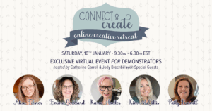 Event banner for "Connect & Create Online Creative Retreat" on January 10th, 9:30AM–6:30PM EST. Hosted by Catherine Carroll & Jody Brechbill, with special guests. Features photos of Alisa Tilsner, Emma Goddard, Karen Hadler, Kim McGillis, and Patty Bennett. To read more, visit Patty Stamps (pattystamps.com)