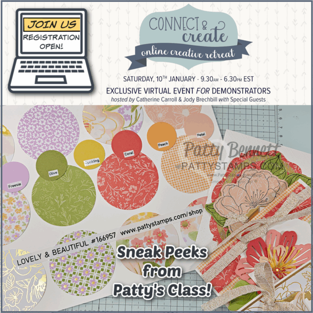 Online Retreats 2 card making virtual retreats in January 2026. A digital flyer advertises a virtual crafting event. It features patterned paper circles, floral die-cuts, and crafting supplies on a desk. A laptop graphic says “Join Us Registration Open!” Text details: “Connect & Create Online Creative Retreat,” and more event info. To read more, visit Patty Stamps (pattystamps.com)