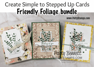 Three handmade greeting cards with leafy green foliage designs are shown. Each is layered on floral or patterned backgrounds, with sentiments like “Wishing you all the best,” “Thinking of you,” and “Sending love.” Ribbon and twine embellish the cards. To read more, visit Patty Stamps (pattystamps.com)
