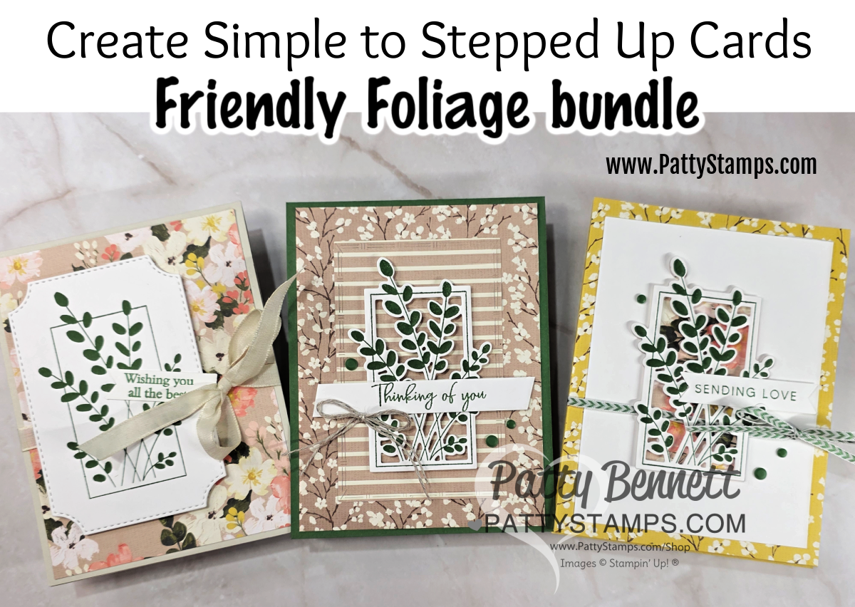 Three handmade greeting cards with leafy green foliage designs are shown. Each is layered on floral or patterned backgrounds, with sentiments like “Wishing you all the best,” “Thinking of you,” and “Sending love.” Ribbon and twine embellish the cards. To read more, visit Patty Stamps (pattystamps.com)