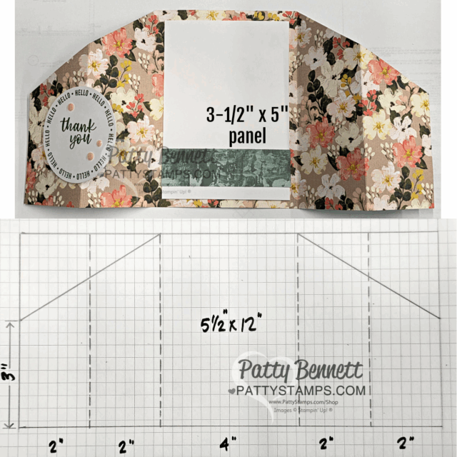 A floral-patterned paper is folded to display a card panel measuring 3.5" x 5". Below it, a Fun Fold Cards template on grid paper shows a 5.5" x 12" rectangle with scored fold lines at 2", 4", 8", and 10", both sides angled from 3" to the top edges. To read more, visit Patty Stamps (pattystamps.com)