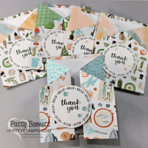 A set of handmade thank you cards with kitchen-themed designs, featuring colorful utensils, bowls, and kitchen items. Each Fun Fold Card has a circular “Hello Hello Hello Thank You” label and Patty Bennett branding on the bottom left. To read more, visit Patty Stamps (pattystamps.com)