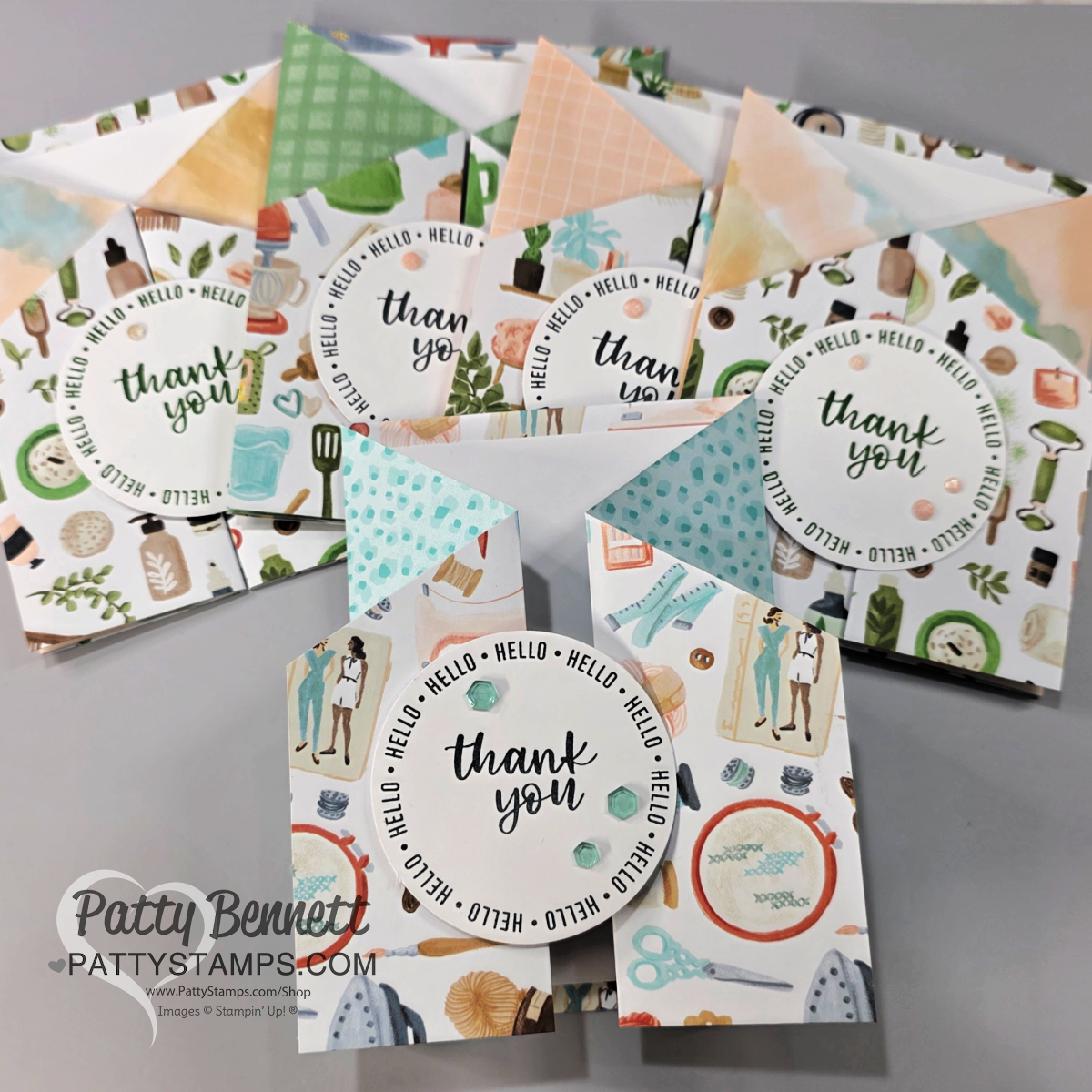 A set of handmade thank you cards with kitchen-themed designs, featuring colorful utensils, bowls, and kitchen items. Each Fun Fold Card has a circular “Hello Hello Hello Thank You” label and Patty Bennett branding on the bottom left. To read more, visit Patty Stamps (pattystamps.com)