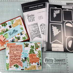 Handmade greeting cards with plant and furniture illustrations are displayed on a grid cutting mat. Stamps and metal die sets labeled "Creative Haven" and "PattyStamps.com" are shown, featuring phrases and banner shapes for card making. To read more, visit Patty Stamps (pattystamps.com)