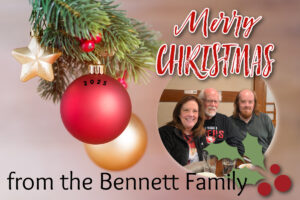 A festive Christmas card with a pine branch, gold and red ornaments (one marked "2025"), and text reading "Merry Christmas from the Bennett Family." Inset: Three smiling people seated at a table, with a holly graphic below. To read more, visit Patty Stamps (pattystamps.com)