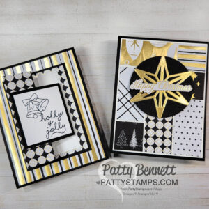 Two handmade Christmas cards with black, gold, and white patterns. The left card has “holly & jolly” text and a bell sketch. The right card features gold “Happy Christmas” on a star, with assorted patterned squares and tree designs. Background is light wood. To read more, visit Patty Stamps (pattystamps.com)