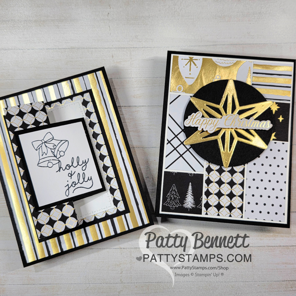 Two handmade Christmas cards with black, gold, and white patterns. The left card has “holly & jolly” text and a bell sketch. The right card features gold “Happy Christmas” on a star, with assorted patterned squares and tree designs. Background is light wood. To read more, visit Patty Stamps (pattystamps.com)