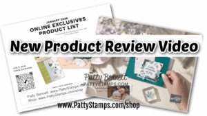A promotional graphic features overlapping images of craft catalog pages and a hand holding a blue greeting card. Bold text reads “New Product Review Video.” “www.PattyStamps.com/shop” is displayed at the bottom, with Patty Bennett’s name and logo visible. To read more, visit Patty Stamps (pattystamps.com)