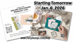 Two promotional images for Patty Stamps. Left: "Online Exclusives Product List" with sample greeting cards, QR code, and website info. Right: "Mini Catalog" with hands holding a floral card. Text: "Starting Tomorrow Jan. 6, 2026" and website link. To read more, visit Patty Stamps (pattystamps.com)