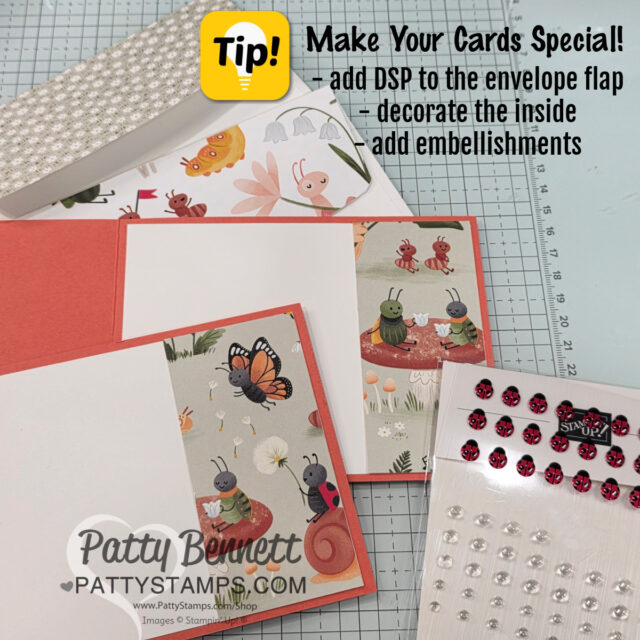 Photo of handmade greeting cards with whimsical bug and mushroom designs on a craft mat. A tip reads: "Make Your Cards Special! - add DSP to the envelope flap - decorate the inside - add embellishments." Pearl and gem embellishments are shown nearby. To read more, visit Patty Stamps (pattystamps.com)