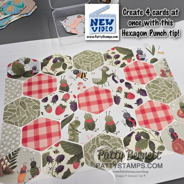 A table displays hexagon-shaped paper pieces with patterns including red gingham, leaves, bugs, and berries. A plastic case, hexagon punch, and instructional text about making cards with the hexagon punch are also visible. Website and creator info are included. To read more, visit Patty Stamps (pattystamps.com)