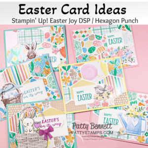 A variety of colorful handmade Easter cards are displayed on a pink surface. Each card features spring-themed designs like bunnies, Easter eggs, flowers, and pastel colors. The text "Easter Card Ideas" and "Happy Easter" appears on the cards and labels. To read more, visit Patty Stamps (pattystamps.com)