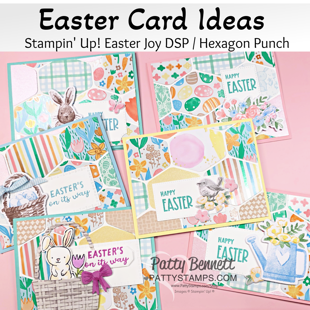 A variety of colorful handmade Easter cards are displayed on a pink surface. Each card features spring-themed designs like bunnies, Easter eggs, flowers, and pastel colors. The text "Easter Card Ideas" and "Happy Easter" appears on the cards and labels. To read more, visit Patty Stamps (pattystamps.com)