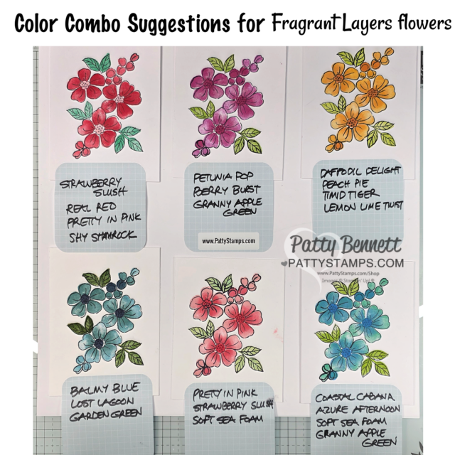 Eight cards display hand-stamped floral images in various color combos, each labeled with ink names. The flowers appear in red, purple, orange, blue, and pink shades, with green leaves, illustrating suggested color blends for "Fragrant Layers" stamps. To read more, visit Patty Stamps (pattystamps.com)