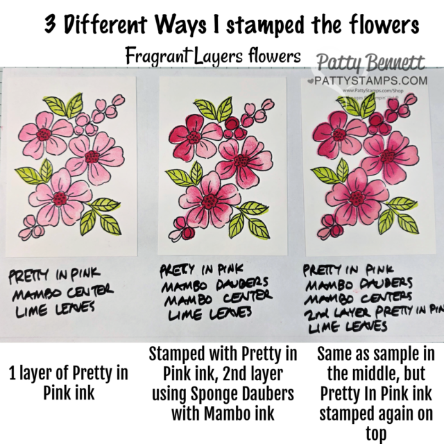 Three panels show stamped pink flower images with leaves, labeled "3 Different Ways I stamped the flowers." Each panel demonstrates a different stamping technique using pink ink, with handwritten notes below explaining the method used. To read more, visit Patty Stamps (pattystamps.com)