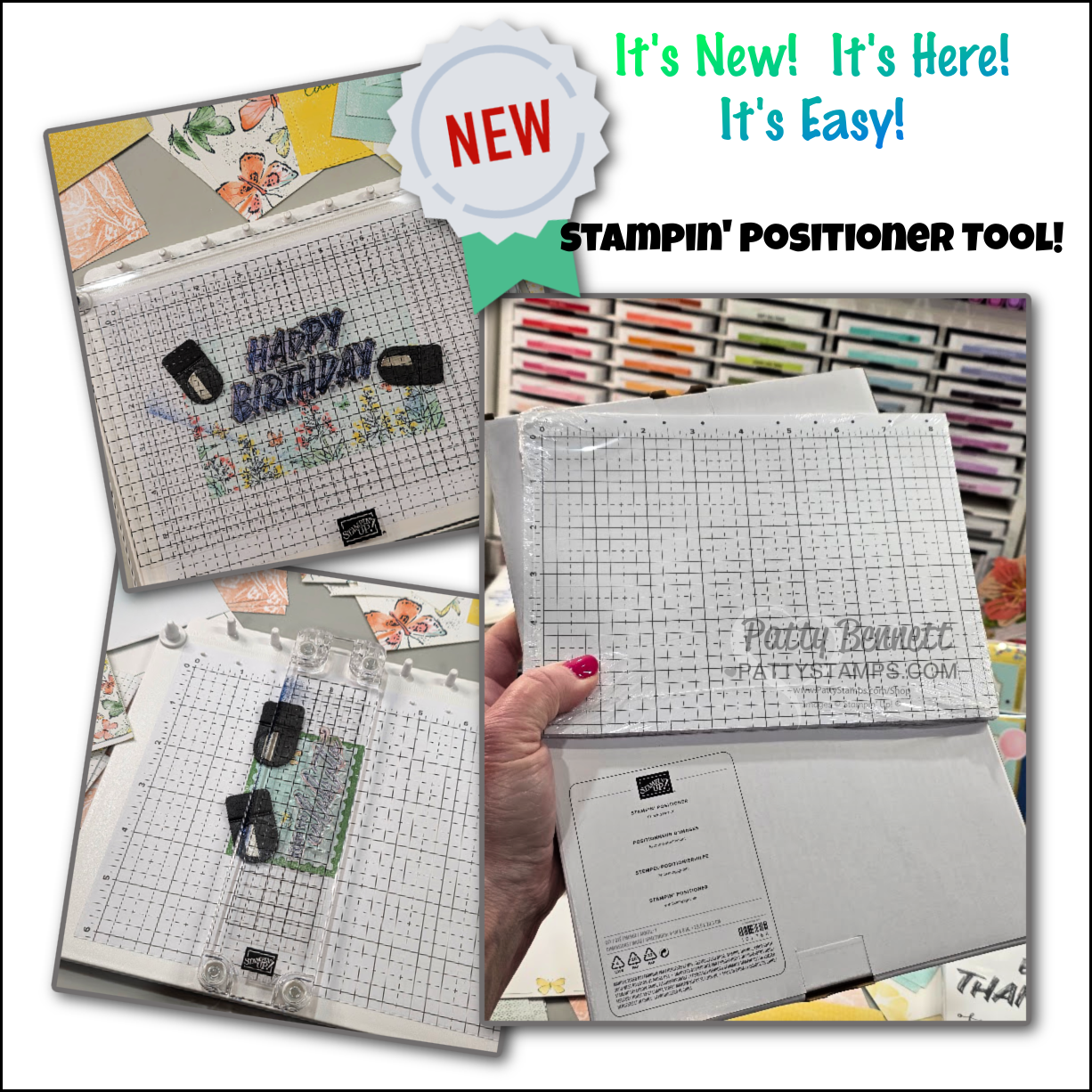 Collage featuring a “NEW” stamp positioner tool. Top left: aligned stamp saying “HAPPY BIRTHDAY” on grid plate. Bottom left: different stamp and grid setup. Right: hand holding the tool. Decorative stamps and cards appear in the background. Text promotes the product. To read more, visit Patty Stamps (pattystamps.com)