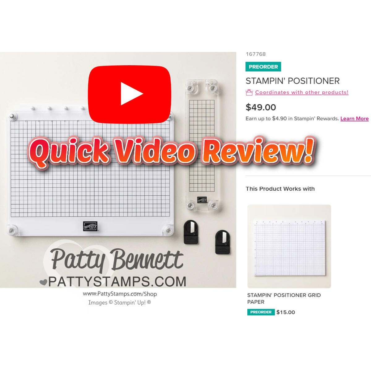 A grid stamping tool and accessories are displayed on a white background. Overlaid is a large red YouTube play icon and bold text reading “Quick Video Review!” Product details and pricing appear on the right, promoting the Stampin’ Positioner. To read more, visit Patty Stamps (pattystamps.com)