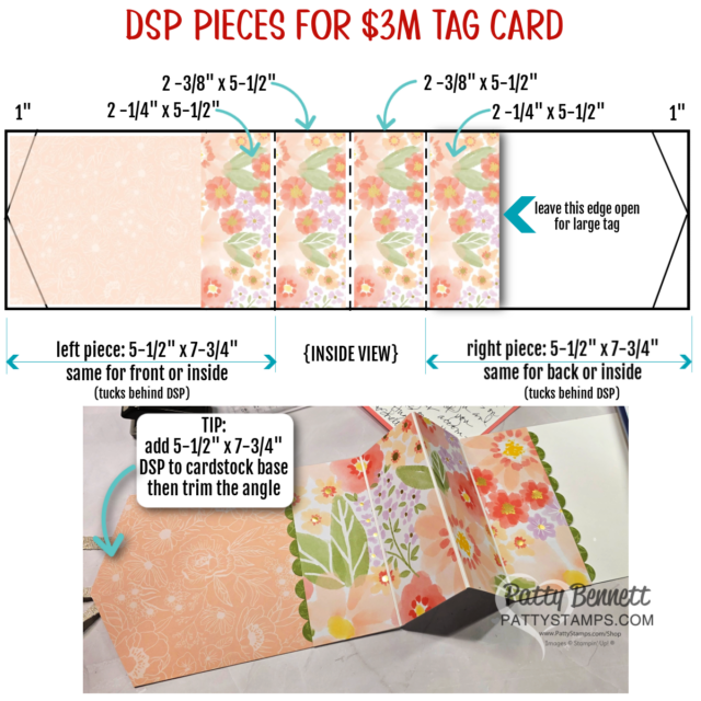 An instructional graphic shows measurements and placement for creating a $3M tag card using decorative paper. It includes labeled sections, cutting/folding guides, flower patterns, and a tip about trimming the DSP for better alignment. The card is partially assembled below. To read more, visit Patty Stamps (pattystamps.com)