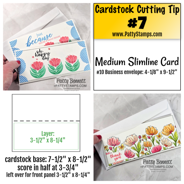 A crafting tip graphic shows how to make a medium slimline card using floral designs. Steps include card base and layer measurements, scoring instructions, and photos of completed cards with stamped flowers and sentiments. The source is PattyStamps.com. To read more, visit Patty Stamps (pattystamps.com)