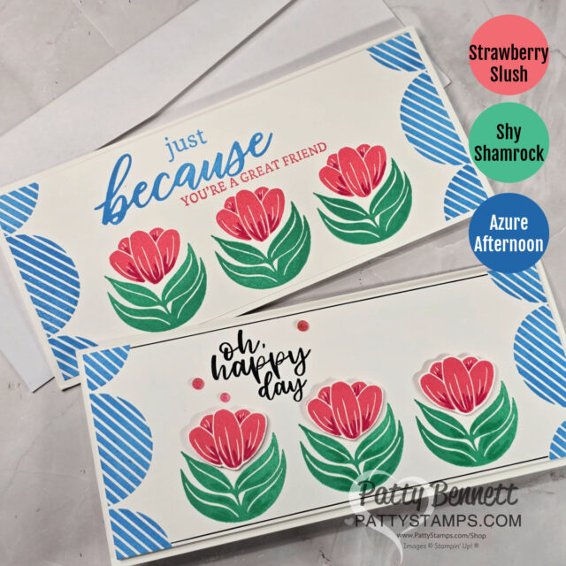 Two handmade cards feature red tulip flowers with green leaves, and blue semicircle patterns at the edges. One card says "just because you're a great friend" in blue/red text, the other says "oh, happy day" in black. Three color swatches are labeled. To read more, visit Patty Stamps (pattystamps.com)