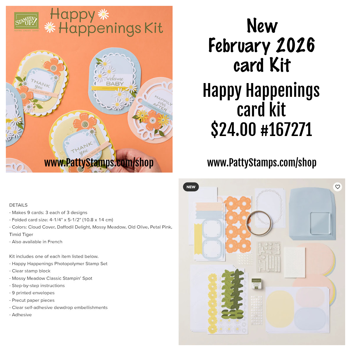 A collage featuring a card kit with pastel-colored cards, decorative tags, floral patterns, envelopes, and embellishments. Text highlights the kit as "Happy Happenings," February 2026 release, priced at $24.00. Website and kit details are also included. To read more, visit Patty Stamps (pattystamps.com)