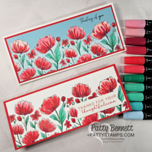 Two handmade cards with red and pink flowers, green leaves, and red borders. One card has a blue background and reads “Thinking of you.” The other has a white background and reads “Thanks for your thoughtfulness.” Markers are on the right. To read more, visit Patty Stamps (pattystamps.com)