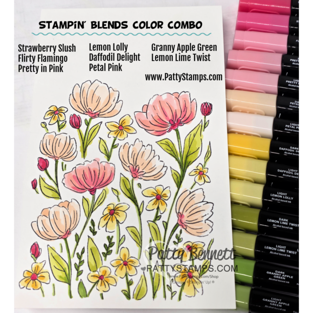 A hand-colored floral illustration features pink and yellow flowers with green leaves. Next to it are neatly arranged Stampin’ Blends markers in coordinated shades. Text lists color combos for flowers and leaves, and the website PattyStamps.com is labeled at the bottom. To read more, visit Patty Stamps (pattystamps.com)