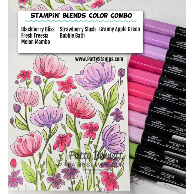 Stampin' Blends color combo. A floral card colored in pinks, purples, and greens is shown beside ten dual-tip Stampin’ Blends markers. The image lists the color combo: Blackberry Bliss, Fresh Freesia, Melon Mambo, Strawberry Slush, Bubble Bath, and Granny Apple Green. To read more, visit Patty Stamps (pattystamps.com)