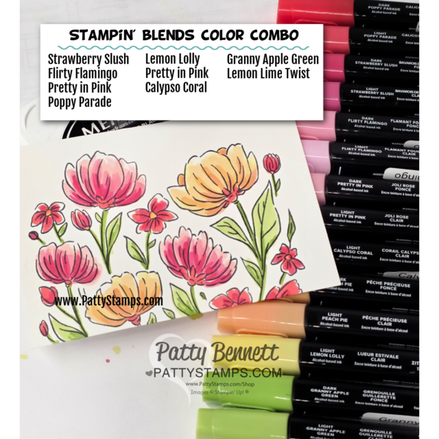 Stampin' Blends color combo. A handmade floral card with pink, orange, and green flowers is shown. Surrounding the card are Stampin’ Blends markers in various pinks and greens. A color combo chart lists marker shades used; the website "pattystamps.com" is visible on the card and photo. To read more, visit Patty Stamps (pattystamps.com)