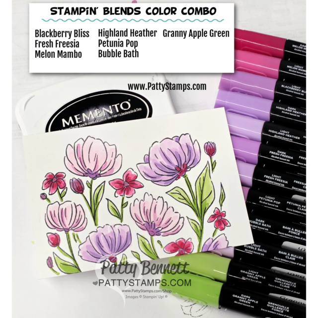 A stamped floral card colored with pink, purple, and green Stampin’ Blends markers is shown. Marker caps, an ink pad, and a color combo chart listing “Blackberry Bliss, Fresh Freesia, Melon Mambo, Highland Heather, Petunia Pop, Bubble Bath, Granny Apple Green” appear nearby. To read more, visit Patty Stamps (pattystamps.com)