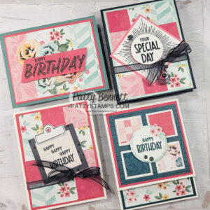 Four handmade greeting cards are displayed, each with floral patterns, geometric designs, and pastel colors. They have layered paper, black ribbons, and stamped messages like "Happy Birthday" and "Your Special Day." Patty Bennett’s watermark is in the center. To read more, visit Patty Stamps (pattystamps.com)