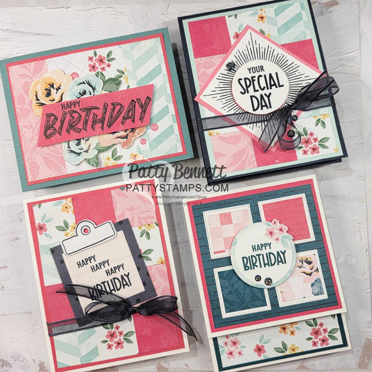 Four handmade greeting cards are displayed, each with floral patterns, geometric designs, and pastel colors. They have layered paper, black ribbons, and stamped messages like "Happy Birthday" and "Your Special Day." Patty Bennett’s watermark is in the center. To read more, visit Patty Stamps (pattystamps.com)