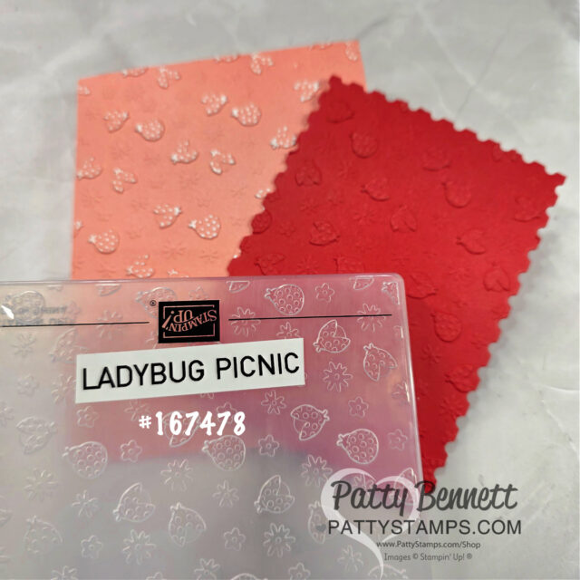 Two pieces of embossed paper, one peach and one red with scalloped edges, show a ladybug and floral pattern. In front is a clear embossing folder labeled "LADYBUG PICNIC #167478" with white designs. Patty Bennett’s watermark is in the corner. To read more, visit Patty Stamps (pattystamps.com)