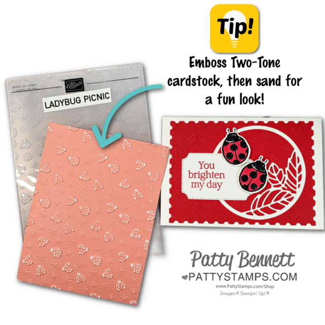 Ladybug Picnic embossing folder. A peach-pink embossed cardstock with ladybug and flower patterns is shown next to its embossing folder. An arrow points to a handmade card featuring two ladybugs, a scalloped red background, white doily, and a “You brighten my day” sentiment. To read more, visit Patty Stamps (pattystamps.com)