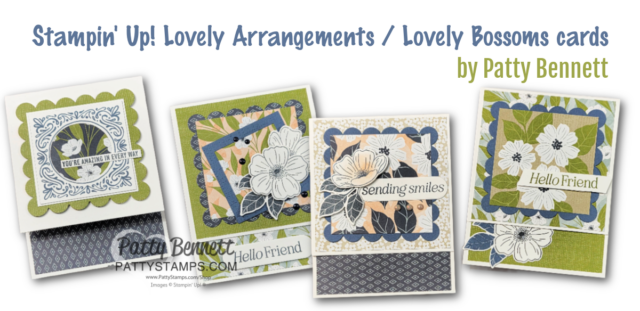 Four handmade greeting cards with floral designs are displayed in a row. Each card features green, blue, and cream colors, decorative borders, and phrases like “sending smiles” and “Hello Friend.” The text above credits Patty Bennett. To read more, visit Patty Stamps (pattystamps.com)