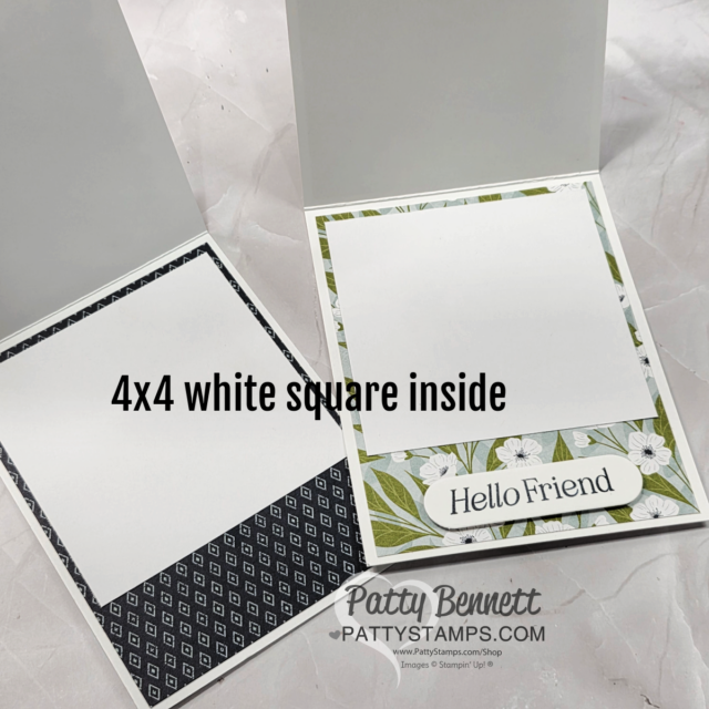 Two handmade greeting cards are shown open on a marble surface. Each has a 4x4 white square inside, one framed by green floral paper with "Hello Friend" text, the other with black patterned paper. "Patty Bennett, PattyStamps.com" is at the bottom. To read more, visit Patty Stamps (pattystamps.com)
