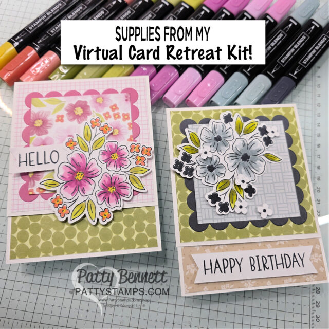 Two handmade floral greeting cards sit on a crafting mat. The left card says “HELLO” with pink and yellow flowers on pink patterned backgrounds. The right card says “HAPPY BIRTHDAY” with gray and yellow flowers on green backgrounds. Markers are above the cards. To read more, visit Patty Stamps (pattystamps.com)