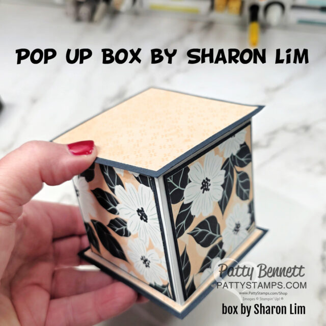 A hand holds a decorative pop-up box with floral-patterned sides and a beige lid. Bold text above reads “POP UP BOX BY SHARON LIM.” The surface below is a marble countertop, and a watermark at the bottom credits Patty Bennett and Sharon Lim. To read more, visit Patty Stamps (pattystamps.com)