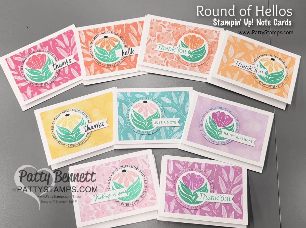 Ten colorful handmade note cards are spread in a semi-circle on a table. Each features a floral design, patterned background, and sentiments like "Thank you," "hello," "Happy Birthday," and "Just a note." "Patty Bennett PattyStamps.com" watermark is visible. To read more, visit Patty Stamps (pattystamps.com)