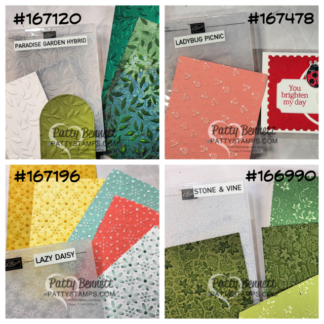 A collage of four stamp and embossing folder sets, each labeled with a number: Paradise Garden Hybrid (#167120), Ladybug Picnic (#167478), Lazy Daisy (#167196), and Stone & Vine (#166990), shown with textured, colorful paper samples. To read more, visit Patty Stamps (pattystamps.com)