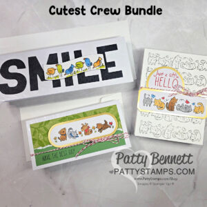 Three handmade cards are shown. Each features colorful, cartoon-style animal stamps. The largest card says “SMILE” with birds on the letters. The others have cats, dogs, and greetings. "Cutest Crew Bundle" is labeled above; the Patty Stamps logo is at the bottom right. To read more, visit Patty Stamps (pattystamps.com)