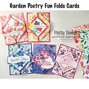 Five colorful, hand-crafted greeting cards feature floral designs and messages like "Happy Birthday," "Here's to You," "Thank You," "Hello Sunshine," and "Friend." Each card uses bright patterns, layered papers, and decorative folds. To read more, visit Patty Stamps (pattystamps.com)